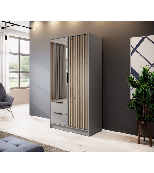 Armoire 2 portes MELODIE 105 cm gris avec miroir