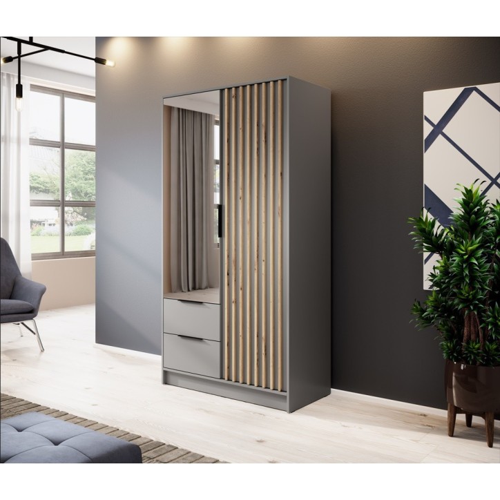 Armoire 2 portes MELODIE 105 cm gris avec miroir