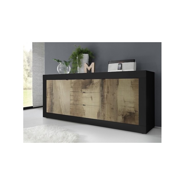 Buffet BASIC 2 portes 3 tiroirs noir mat/pero 210 cm