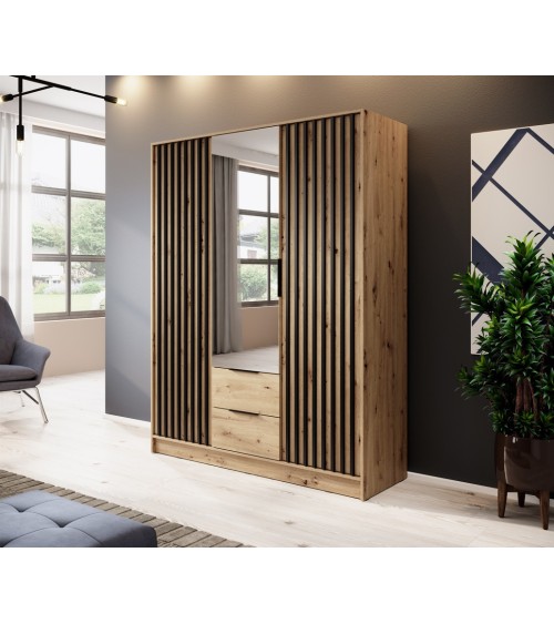 Armoire 3 portes MELODIE 155 cm chêne avec miroir