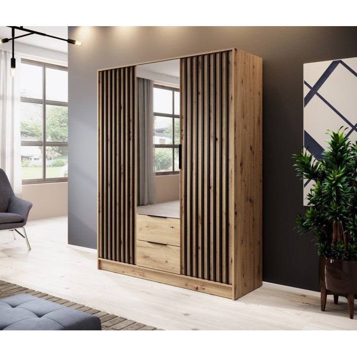 Armoire 3 portes MELODIE 155 cm chêne avec miroir