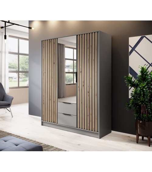 Armoire 3 portes MELODIE 155 cm gris avec miroir