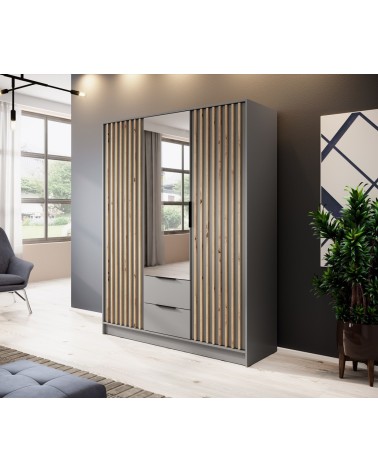 Armoire 3 portes MELODIE 155 cm gris avec miroir