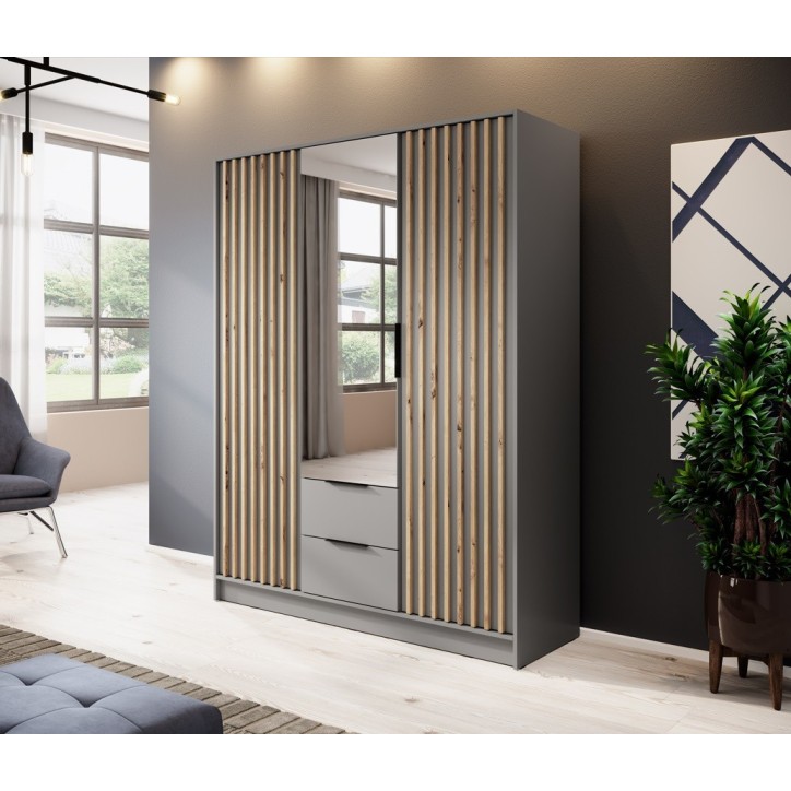 Armoire 3 portes MELODIE 155 cm gris avec miroir