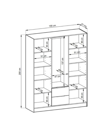 Armoire 3 portes MELODIE 155 cm gris avec miroir