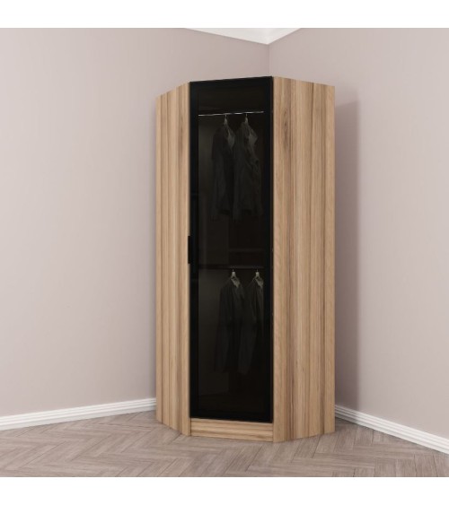Armoire d'angle Noyer avec une porte en verre fumée 74 x 74 x 210 CM