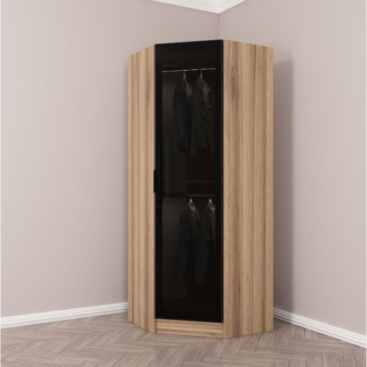 Armoire d'angle Noyer avec une porte en verre fumée 74 x 74 x 210 CM