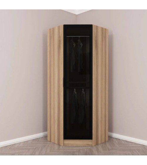 Armoire d'angle Noyer avec une porte en verre fumée 74 x 74 x 210 CM