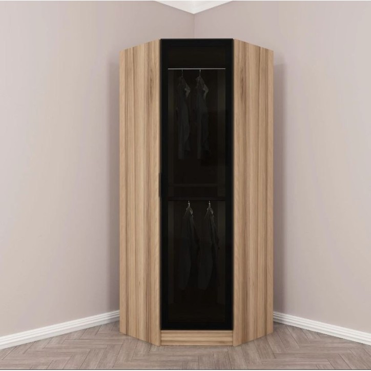 Armoire d'angle Noyer avec une porte en verre fumée 74 x 74 x 210 CM