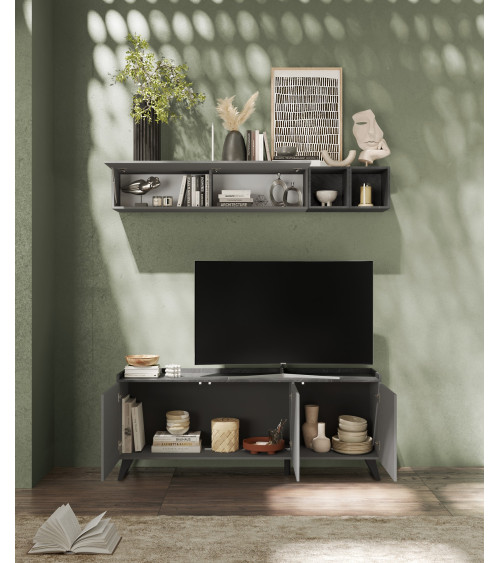 Meuble TV PAUL 180 cm Ardoise et Plomb 3 portes