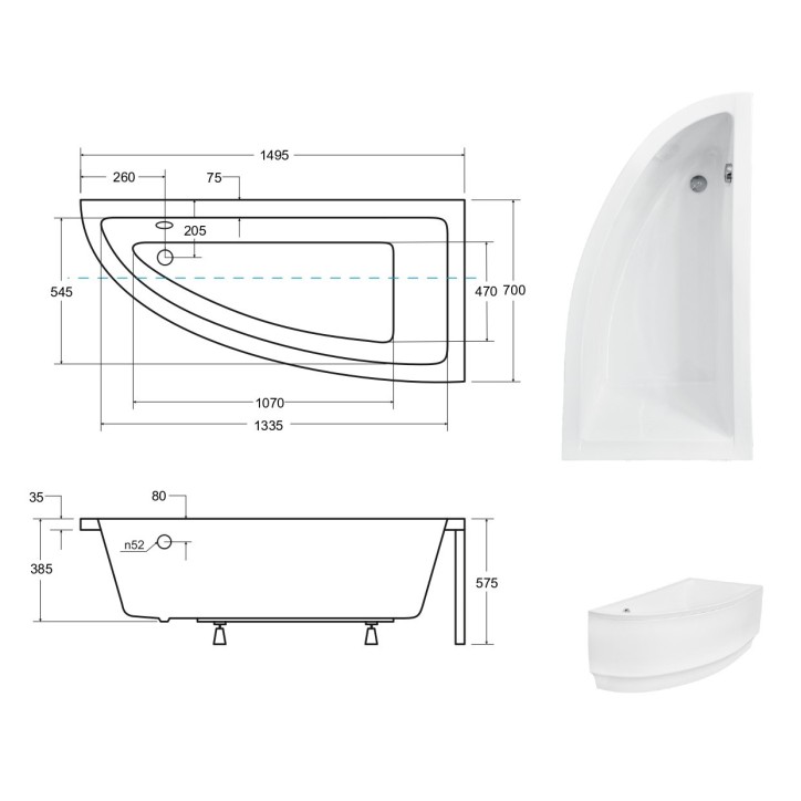 Bañera esquinera ORIEGO II 150 cm ángulo derecho, sin faldón