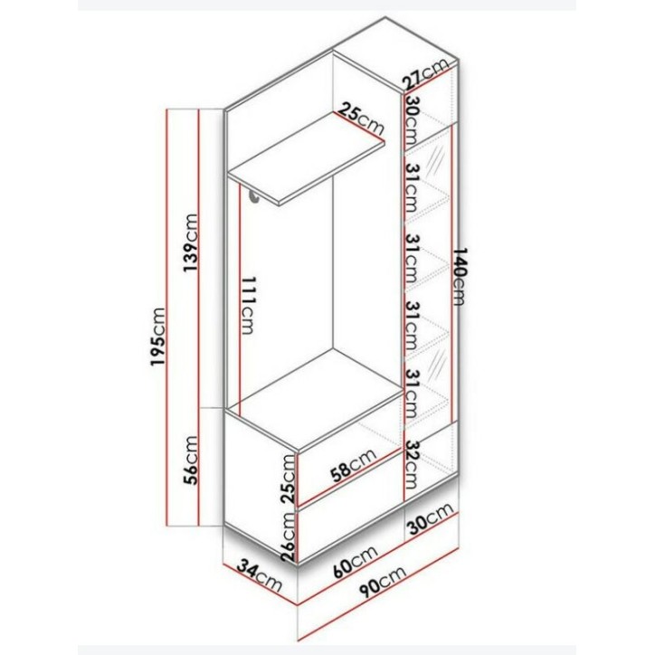 Meuble d'entrée GREEN en plusieurs couleurs 90 x 195 x 34 cm
