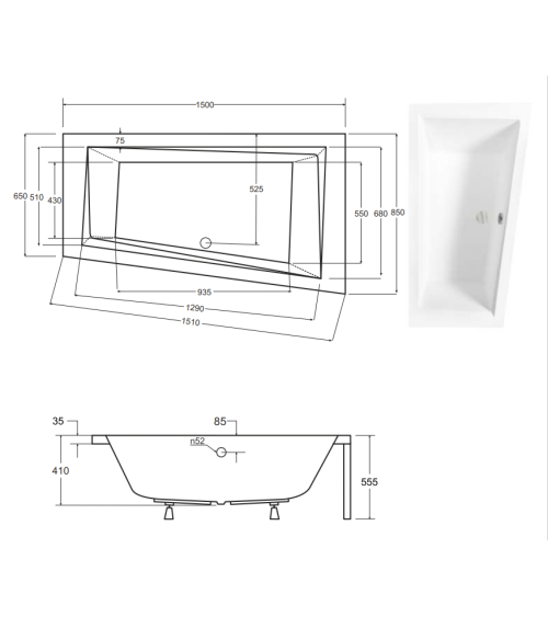 INTIMA vasca da bagno angolare asimmetrica destra 150/160 cm, pannello incluso