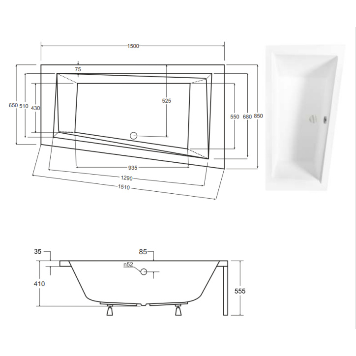 Bañera esquinera INTIMA 150 / 160 cm, ángulo derecho  con faldón