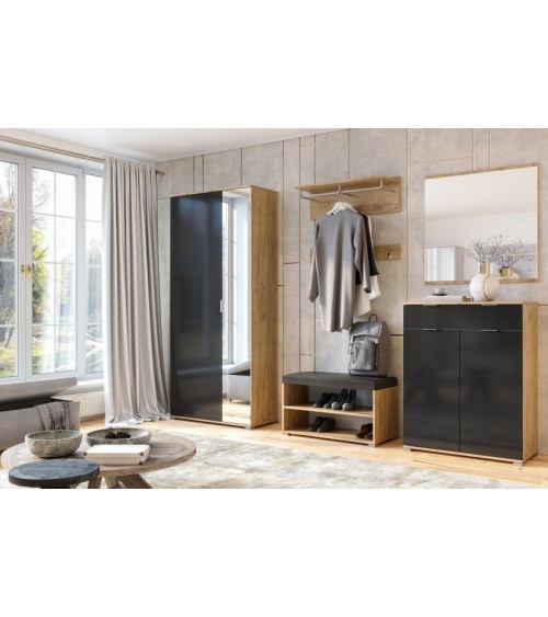 Ensemble d'entrée vestiaire avec miroir, commode, armoire et banc chaussures LUNE chêne-lave 2,2 m