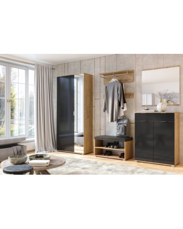 Ensemble d'entrée vestiaire avec miroir, commode, armoire et banc chaussures LUNE chêne-lave 2,2 m