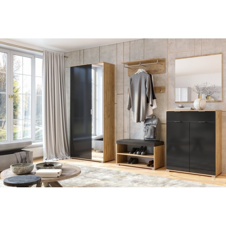 Ensemble d'entrée vestiaire avec miroir, commode, armoire et banc chaussures LUNE chêne-lave 2,2 m