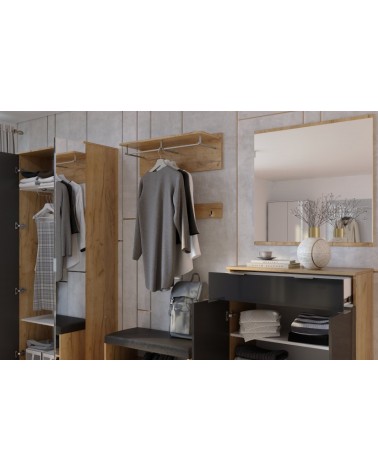 Ensemble d'entrée vestiaire avec miroir, commode, armoire et banc chaussures LUNE chêne-lave 2,2 m