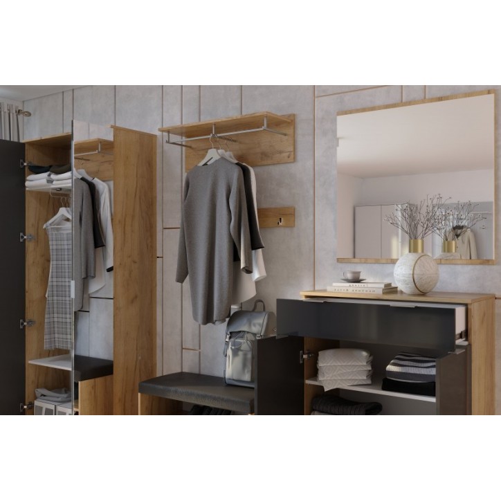 Ensemble d'entrée vestiaire avec miroir, commode, armoire et banc chaussures LUNE chêne-lave 2,2 m