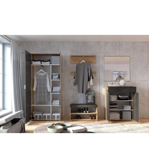 Ensemble d'entrée vestiaire avec miroir, commode, armoire et banc chaussures LUNE chêne-lave 2,2 m