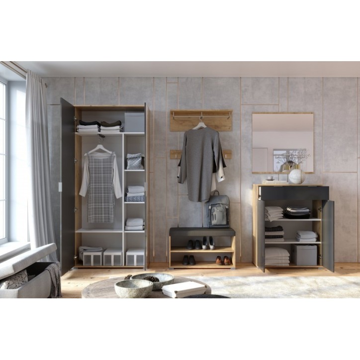 Ensemble d'entrée vestiaire avec miroir, commode, armoire et banc chaussures LUNE chêne-lave 2,2 m
