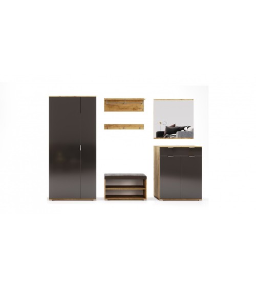 Ensemble d'entrée vestiaire avec miroir, commode, armoire et banc chaussures LUNE chêne-lave 2,2 m