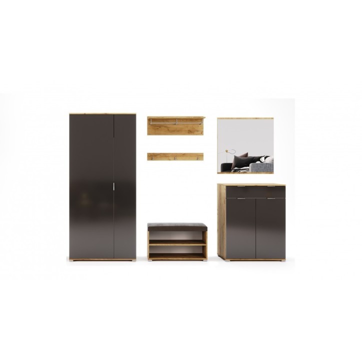 Ensemble d'entrée vestiaire avec miroir, commode, armoire et banc chaussures LUNE chêne-lave 2,2 m