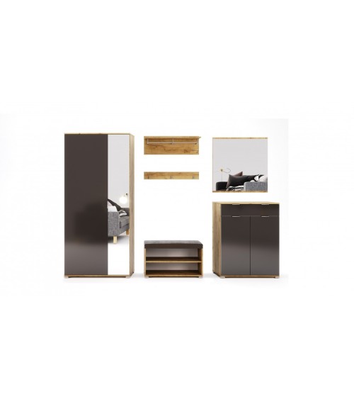 Ensemble d'entrée vestiaire avec miroir, commode, armoire et banc chaussures LUNE chêne-lave 2,2 m