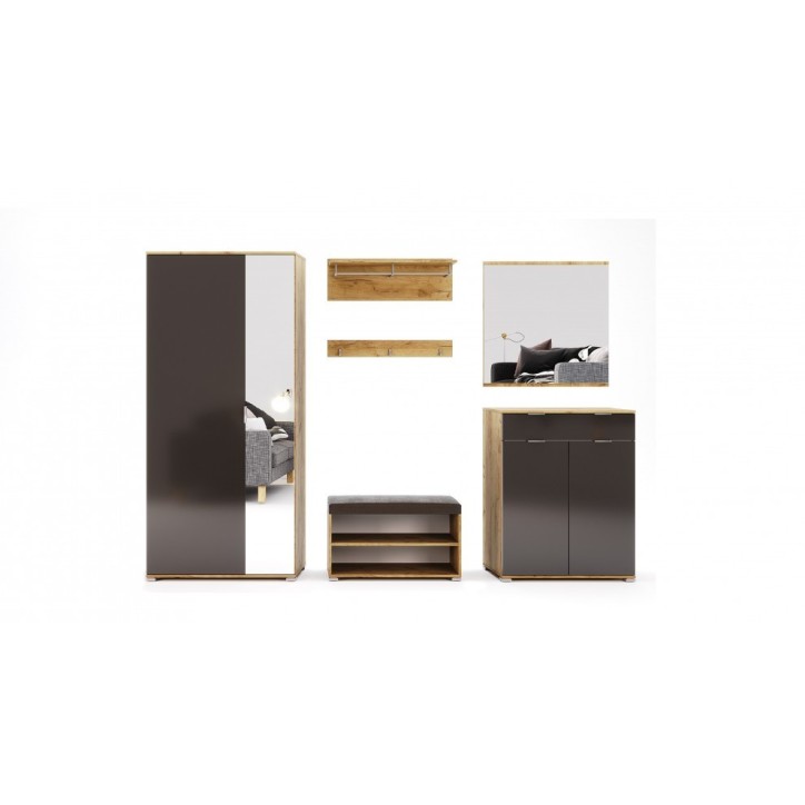 Ensemble d'entrée vestiaire avec miroir, commode, armoire et banc chaussures LUNE chêne-lave 2,2 m