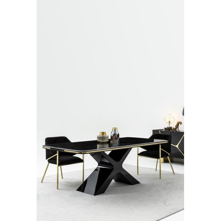 Ensemble salle à manger SIRIUS BLACK noir et doré table 220 cm