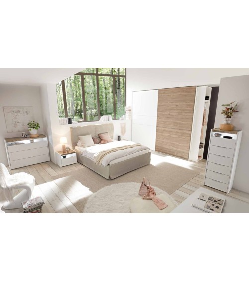Chambre complète AMALTI blanc et chêne  lit 160x200 cm avec coffre de rangement