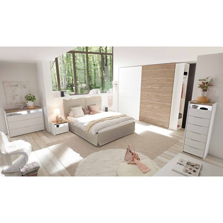 Chambre complète AMALTI blanc et chêne  lit 160x200 cm avec coffre de rangement