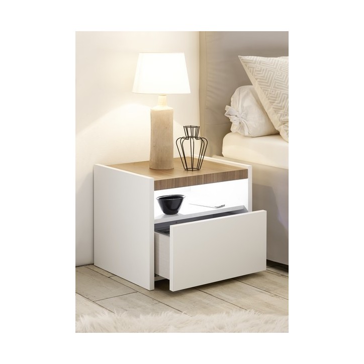 Chambre complète AMALTI blanc et chêne  lit 160x200 cm avec coffre de rangement