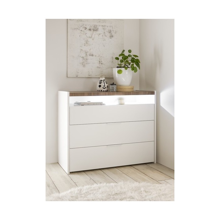 Chambre complète AMALTI blanc et chêne  lit 160x200 cm avec coffre de rangement