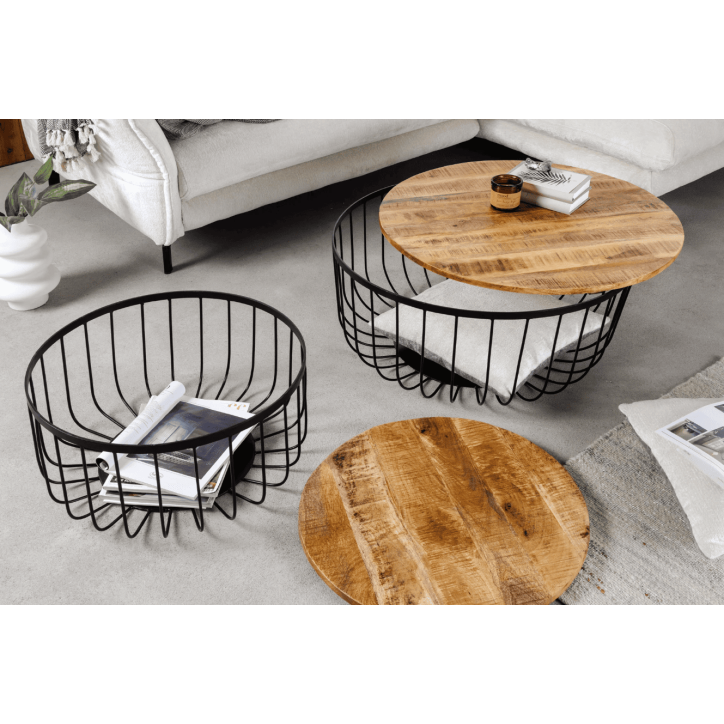 2 tables basses STORAGE en bois de manguier naturel et métal