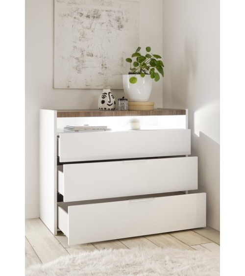 Chambre complète AMALTI blanc et chêne  lit 160x200 cm avec coffre de rangement