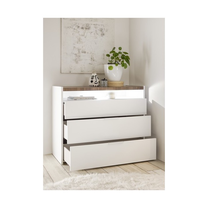 Chambre complète AMALTI blanc et chêne  lit 160x200 cm avec coffre de rangement