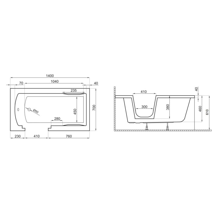 AVOLIA 140 CM Badewanne mit linker Tür