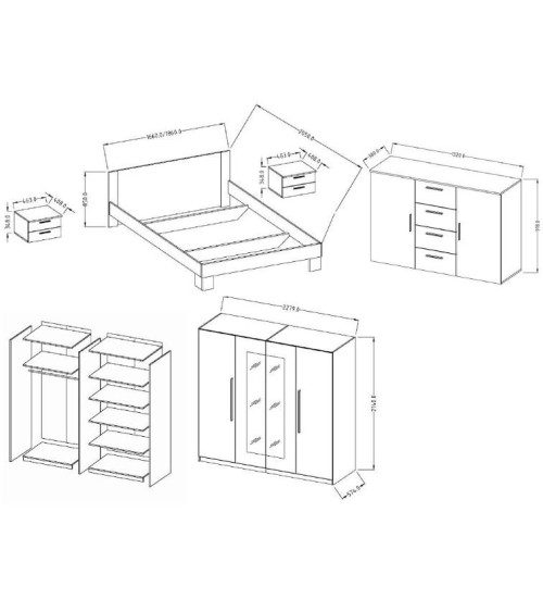Chambre complète VERA 180x200 cm, Chêne monastère/noir