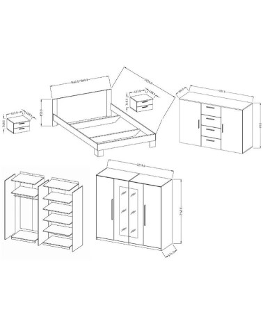 Chambre complète VERA 180x200 cm, Chêne monastère/noir