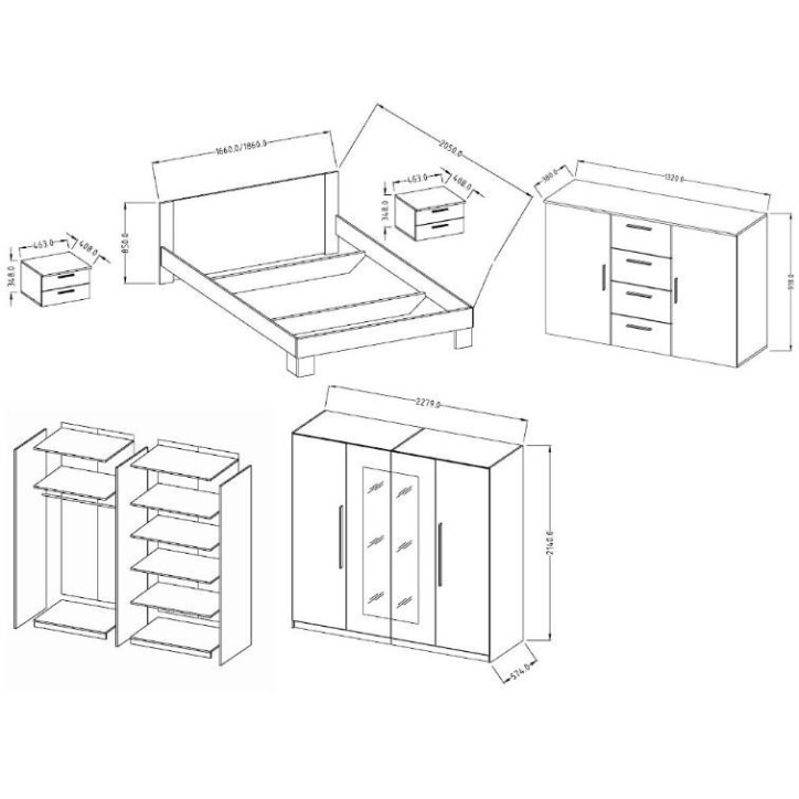 Chambre complète VERA 180x200 cm, Chêne monastère/noir