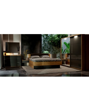 Chambre LUNA avec tiroir de rangement,  chevets suspendus, lave mat  et chêne clair 180x200 cm