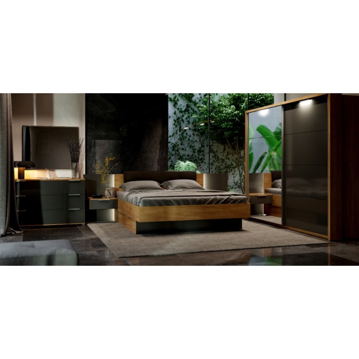 Chambre LUNA avec tiroir de rangement,  chevets suspendus, lave mat  et chêne clair 180x200 cm