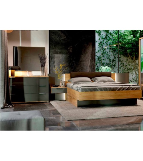 Chambre LUNA avec tiroir de rangement,  chevets suspendus, lave mat  et chêne clair 180x200 cm