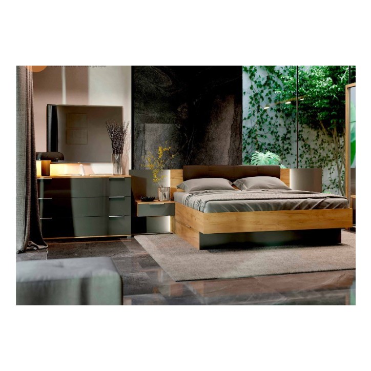 Chambre LUNA avec tiroir de rangement,  chevets suspendus, lave mat  et chêne clair 180x200 cm