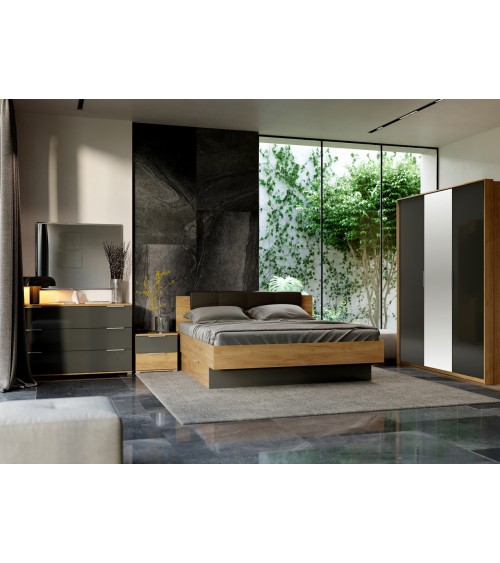 Chambre LUNA avec tiroir de rangement,  chevets posés, lave mat  et chêne clair 160x200 cm