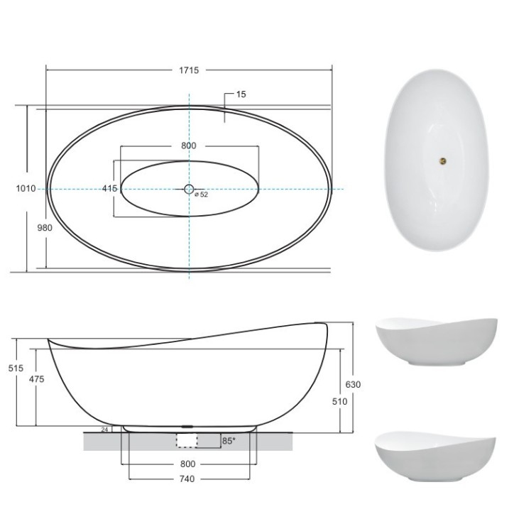 copy of Freistehende Badewanne FELICITA 160x70 x71 cm