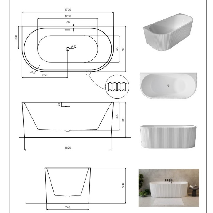 Vasca da bagno o freestanding LEYA nero 170X78 X58 CM