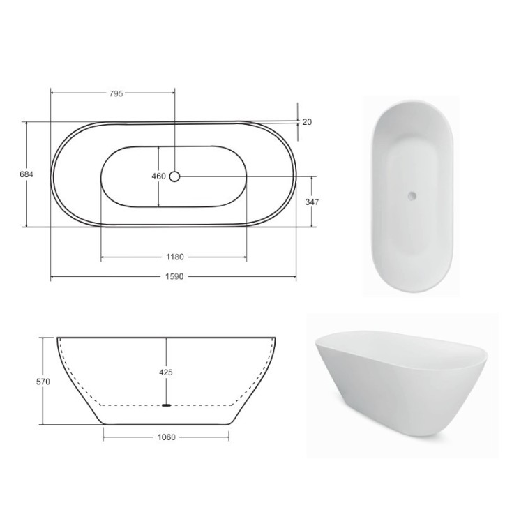 Vasca da bagno freestanding MOYA 160 x 70 cm