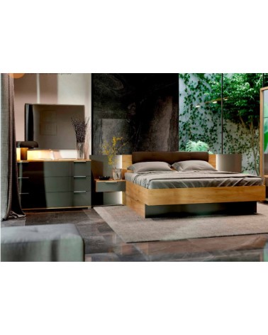 Chambre LUNA avec tiroir de rangement,  chevets suspendus, lave mat  et chêne clair 160x200 cm